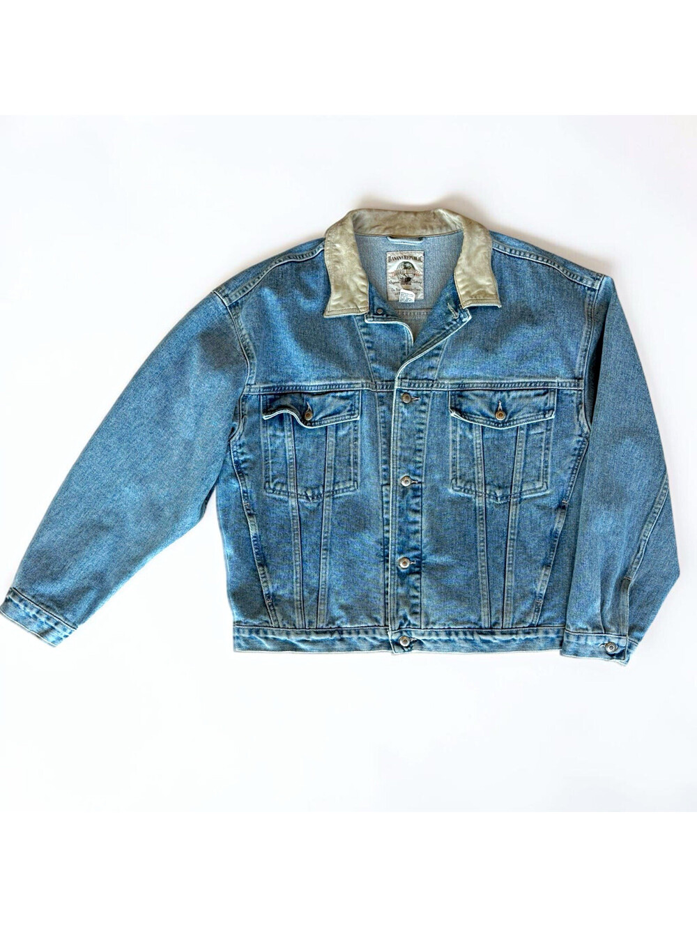 Vintage 80s Banana Republic Safari Era Leather Collar Denim Jacket Macau XL